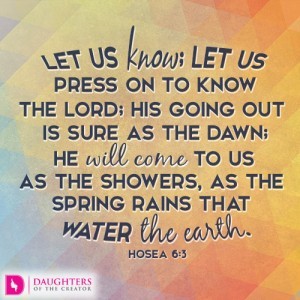 Let us know; let us press on to know the LORD; his going out is sure as the dawn; he will come to us as the showers, as the spring rains that water the earth.