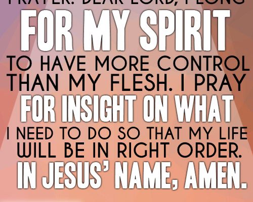 Dear Lord, I long for my spirit to have more control than my flesh. I pray for insight on what I need to do so that my life will be in right order. In Jesus’ name, amen