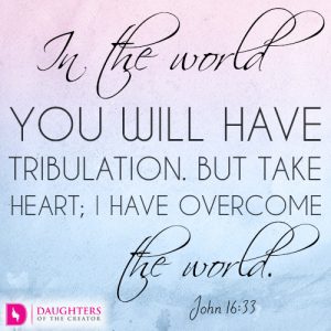 In the world you will have tribulation. But take heart; I have overcome the world