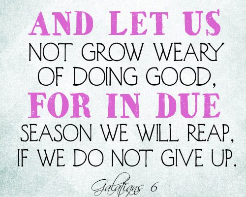 And let us not grow weary of doing good, for in due season we will reap, if we do not give up