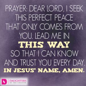 Dear Lord, I seek this perfect peace that only comes from You. Lead me in this way so that I can know and trust You every day. In Jesus’ name, amen.